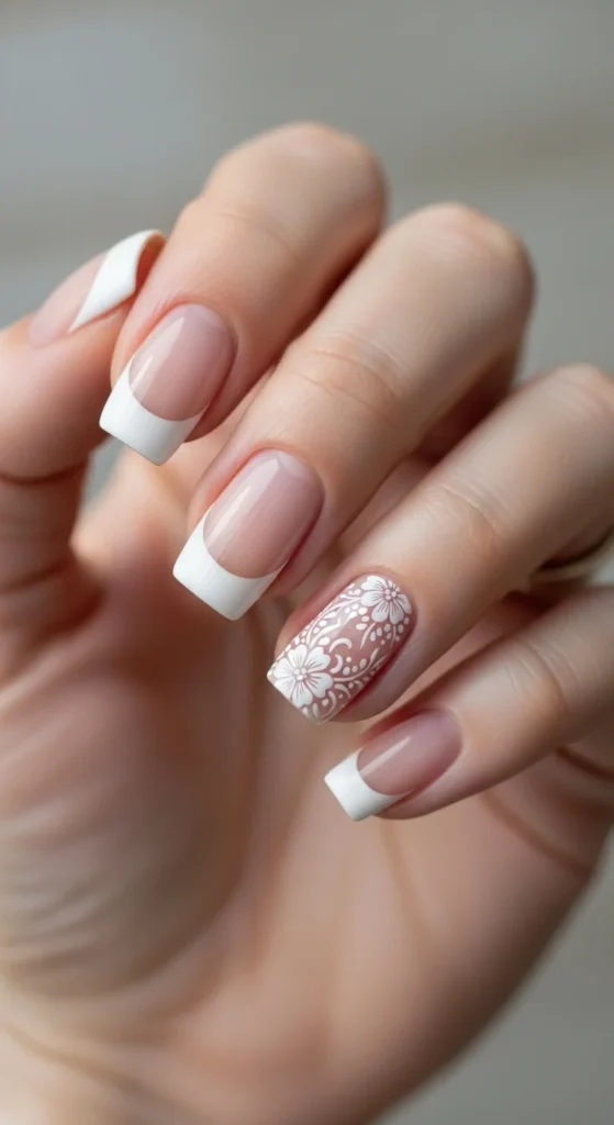5. White French with One Accent Nail.webp