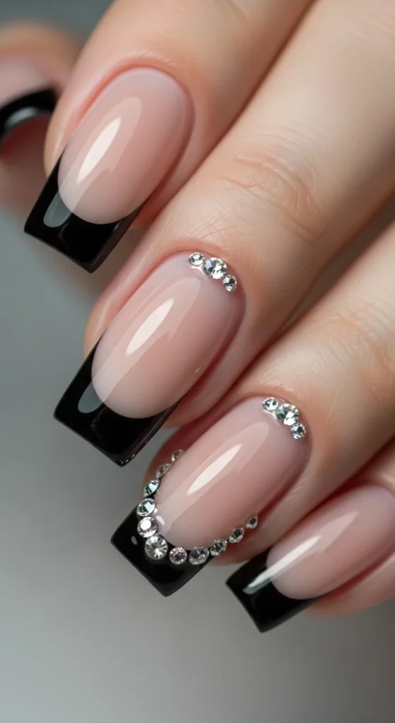 14. Black French Tips with Clear Rhinestones.webp