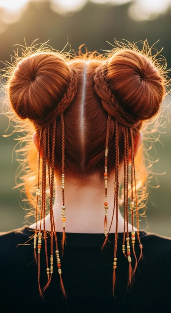 21. Redhead Double Buns with Beaded Strands.webp