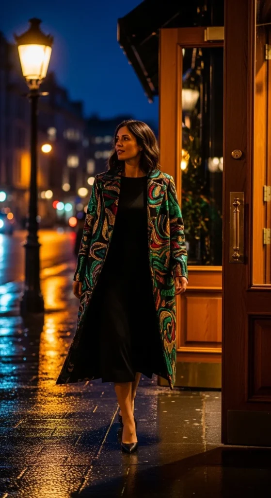 24. Simple Black Dress with Statement Coat.webp