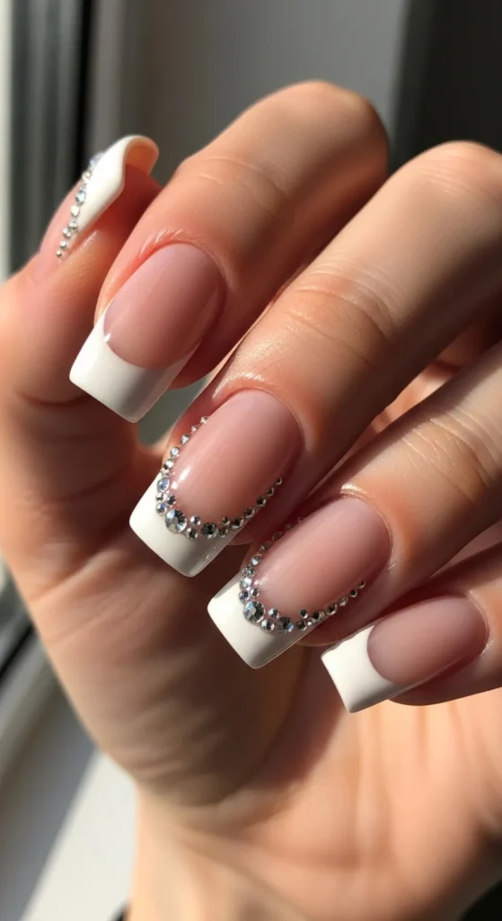 3. Square French Tips with Mixed Gem Sizes.webp