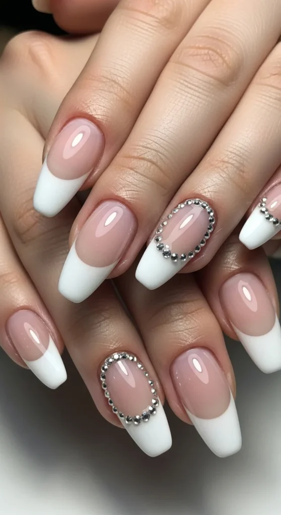 5. Classic White French with a Rhinestone Border.webp