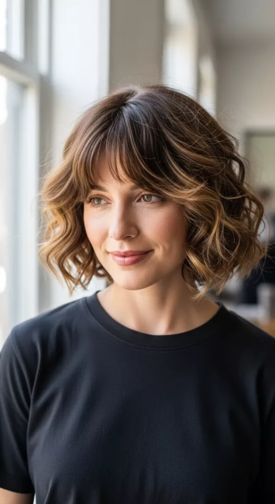 5. Curly Bob with Curtain Bangs (Medium Maintenance).webp