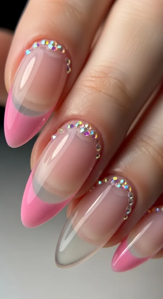 8. Pink French Tips with Scattered Tiny Gems.webp