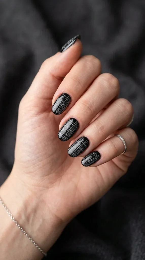 21. Black Tweed Texture Nails.webp
