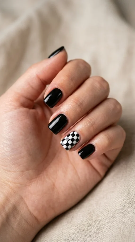 7. Black and White Checkerboard Accent Nails.webp