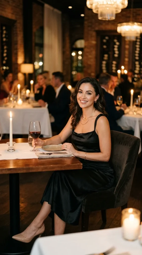 1. Black Satin Midi Dress with Minimal Accessories.webp