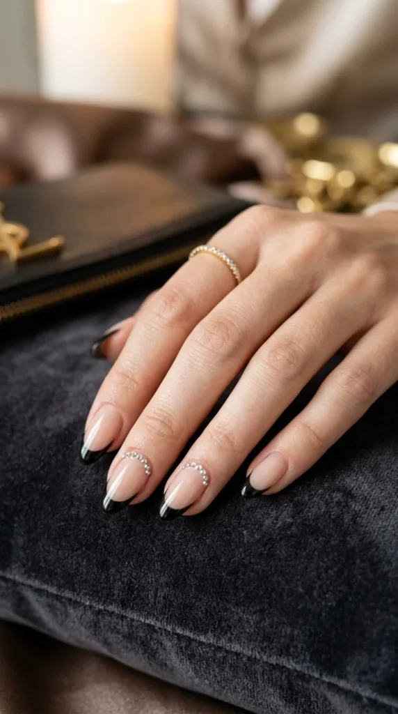 10. Black French Tips with Tiny Rhinestone Accents.webp