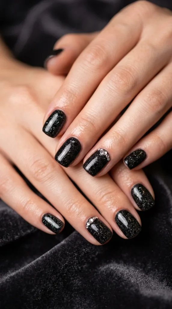 11. Rhinestone Accent Black Glitter Nails.webp