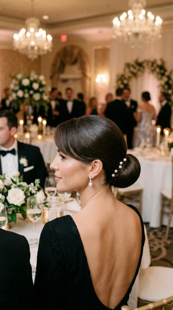 12. Sleek Low Bun with Side Bangs for Formal Weddings.webp