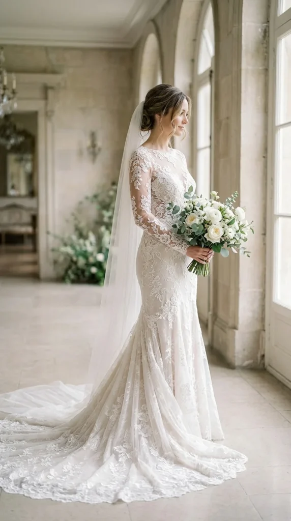 13. Fit-And-Flare Long Sleeve Lace Wedding Dress.webp