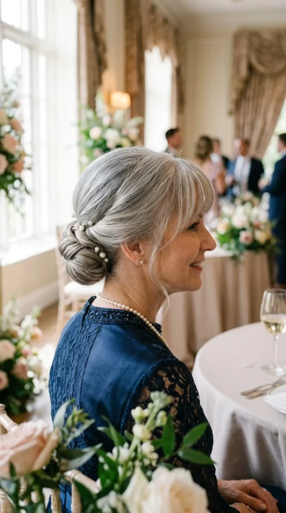 14. Gray Hair Low Chignon with Soft Bangs for Timeless Grace.webp