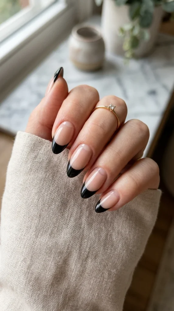 16. Glossy Black French Tips with Negative Space.webp