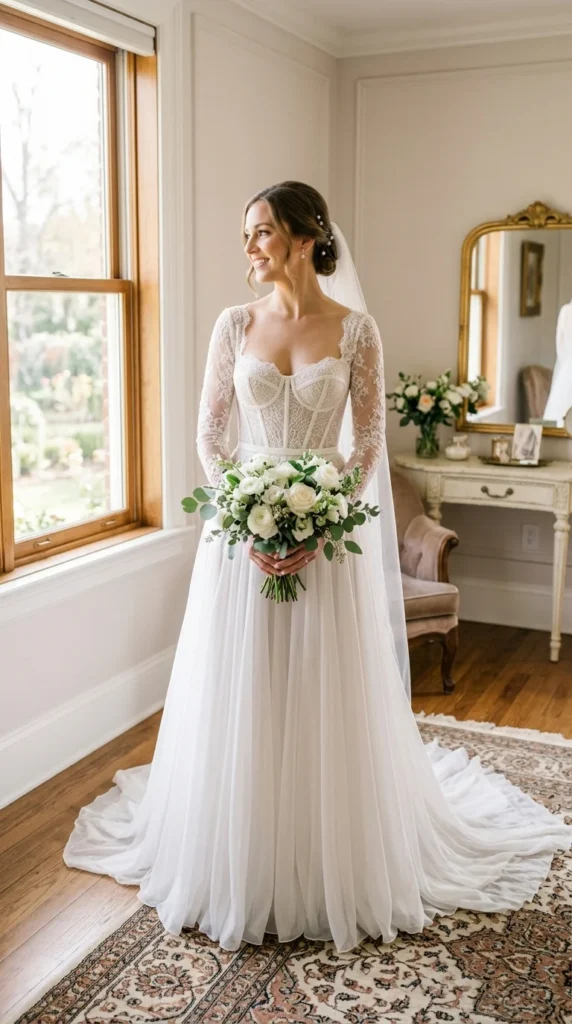 16. Modern Corset Long Sleeve Lace Wedding Dress.webp