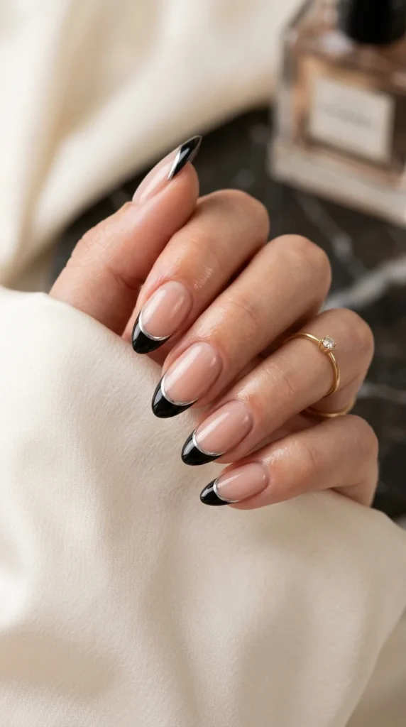 17. Black French Tips with a Silver Chrome Outline.webp