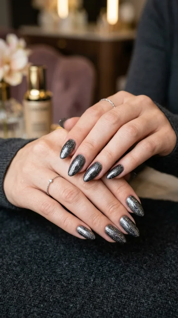 18. Gunmetal Grey and Black Glitter Nails.webp