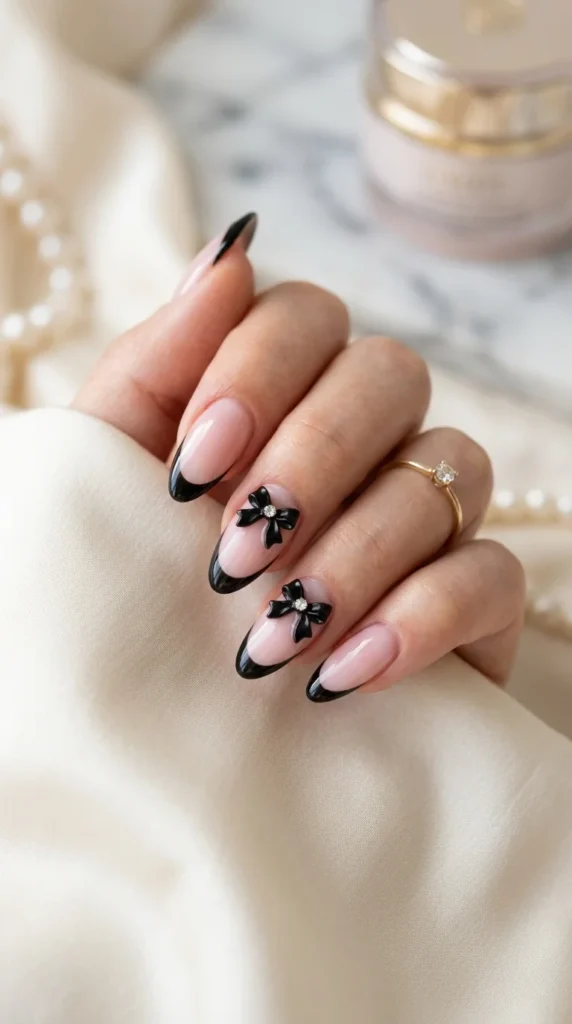 18. Soft Coquette Black French Tips with Mini Bows.webp