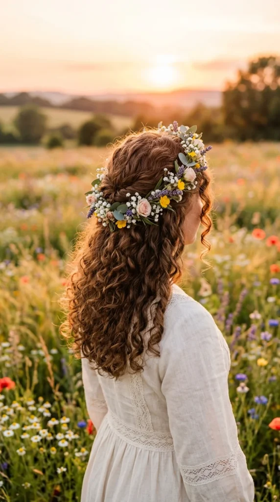 19. Floral Crown Half-Up Curly Look.webp