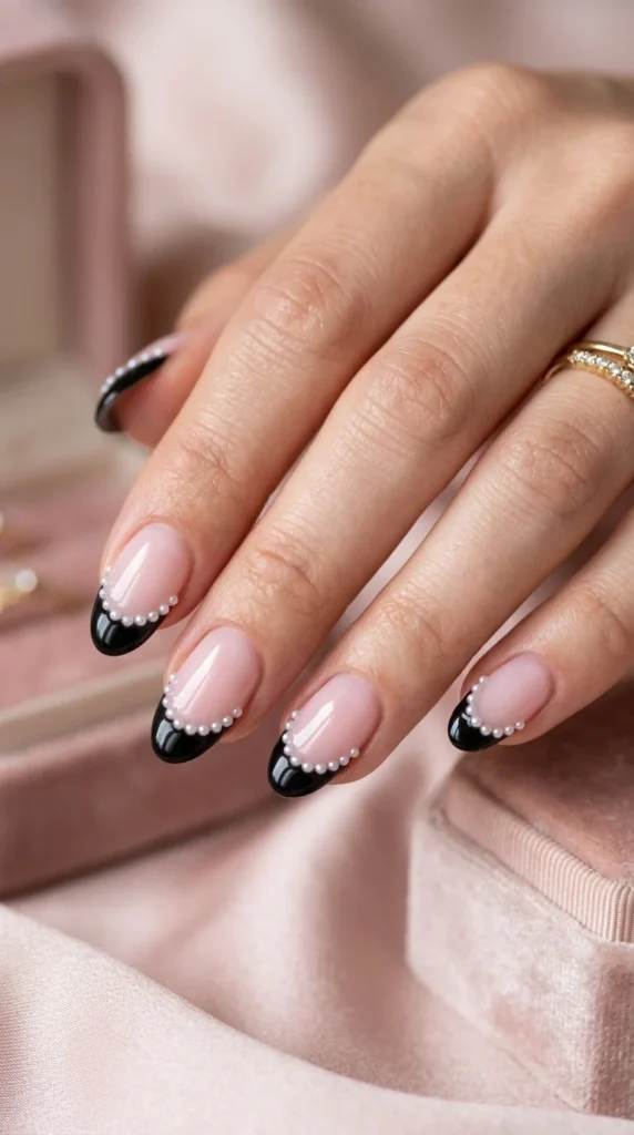 20. Black French Tips with Tiny Pearl Details.webp