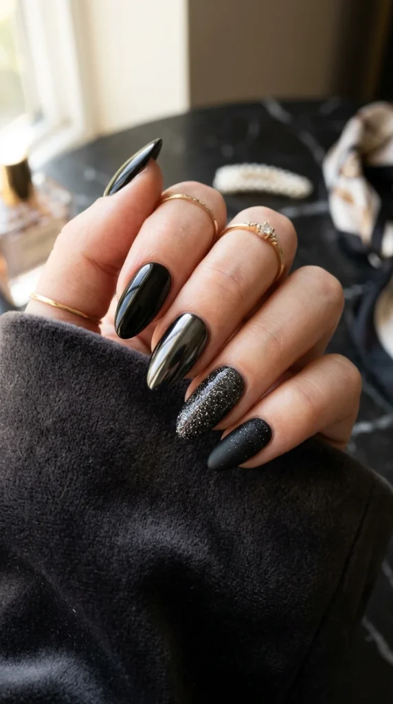20. Mixed Finish Black Glitter Manicure.webp