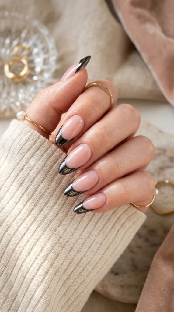 4. Chrome Black French Tips with Mirror Shine.webp