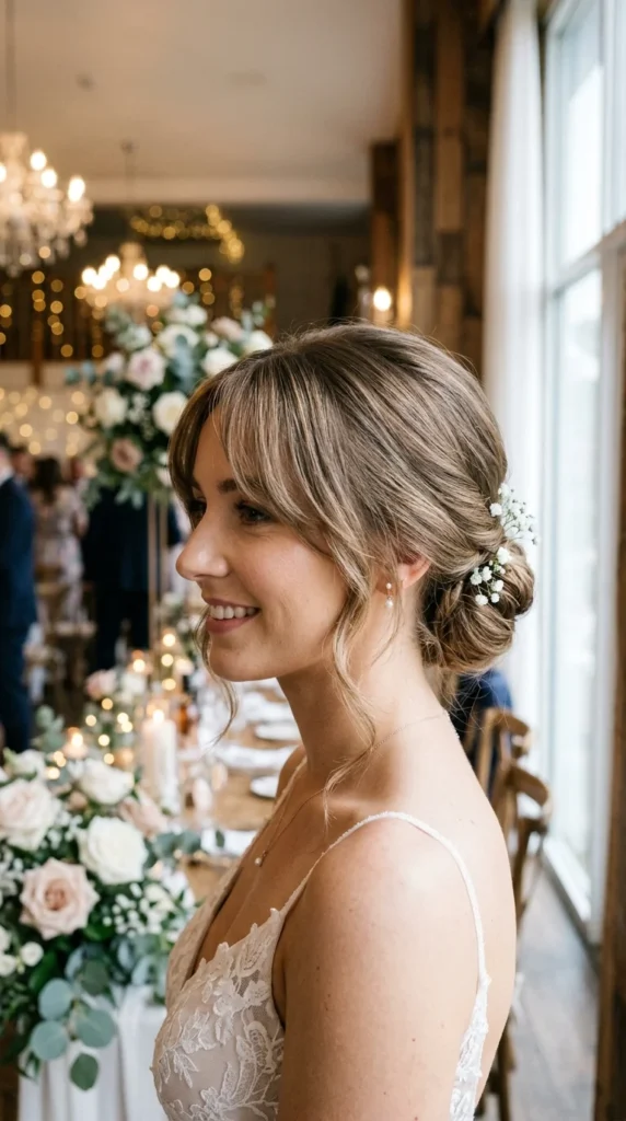 4. Curtain Bangs with Low Bun for Modern Softness.webp