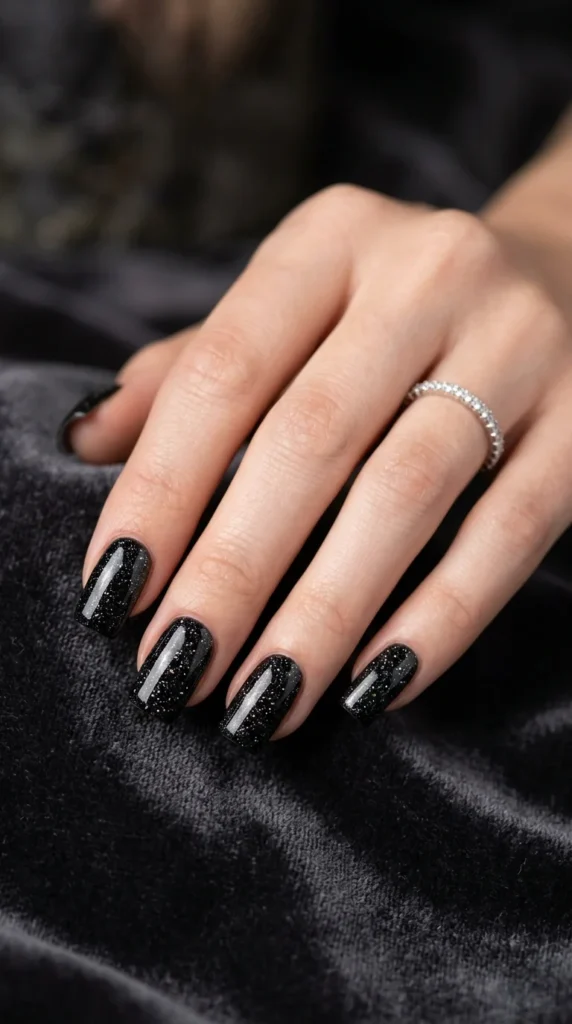 4. Elegant Black Glitter Square Nails.webp