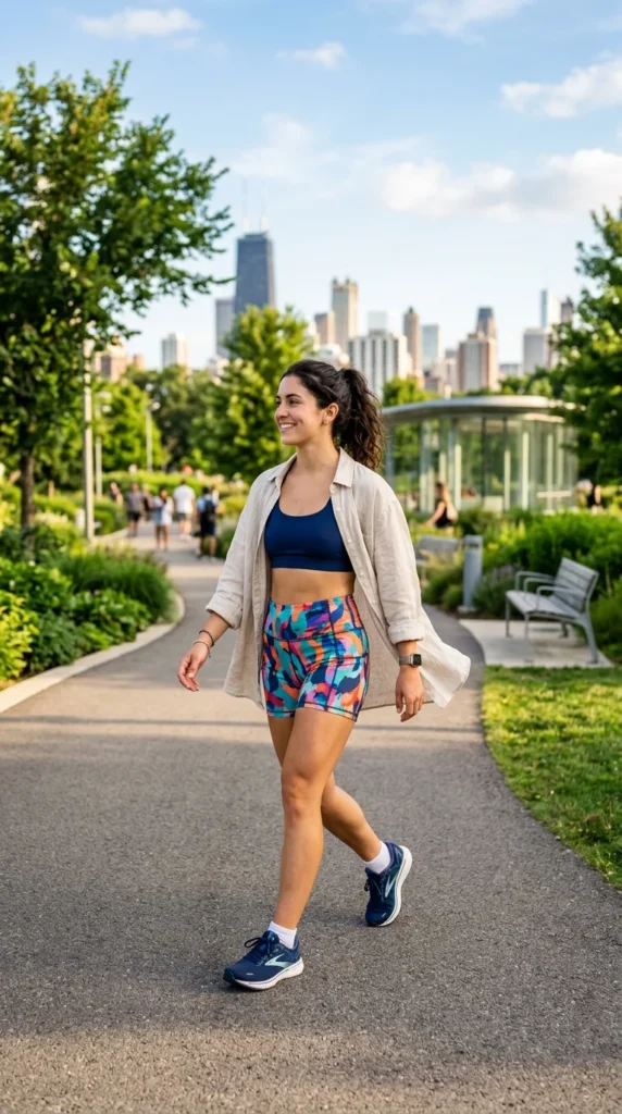 5. Color-Block Shorts with a Simple Sports Bra and Open Shirt.webp