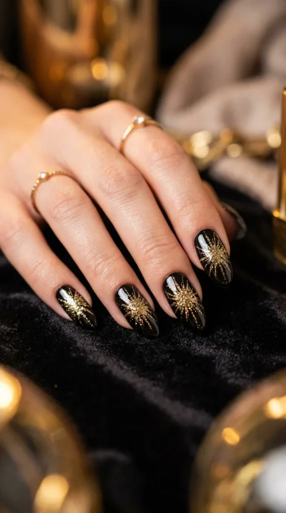 7. Black and Gold Glitter Burst Nails.webp