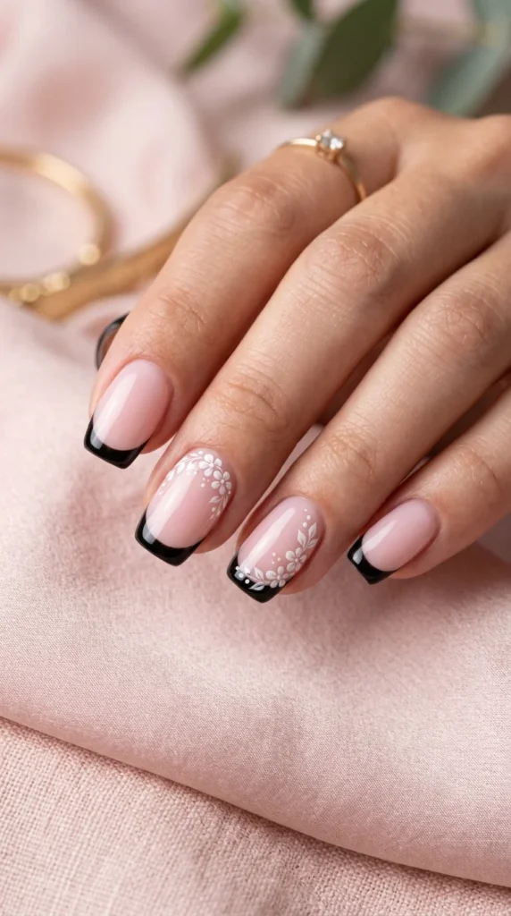 7. Glossy Black Tips with Tiny Floral Details.webp