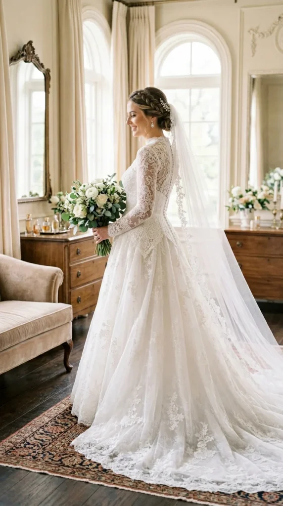 8. Basque Waist Long Sleeve Lace Wedding Dress.webp