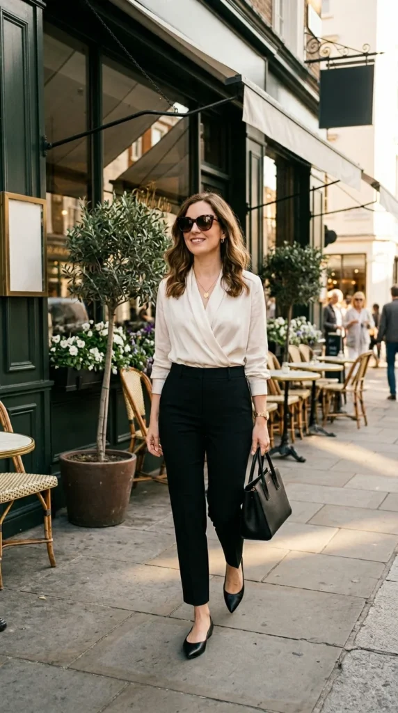 8. Wrap Blouse with Black Trousers.webp