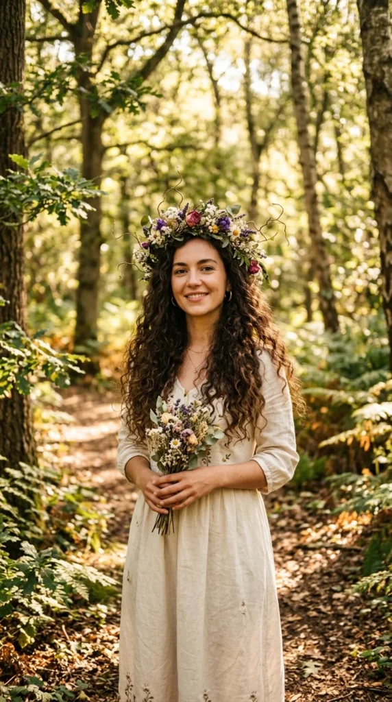 12. Earth Goddess Curls with a Floral Crown.webp